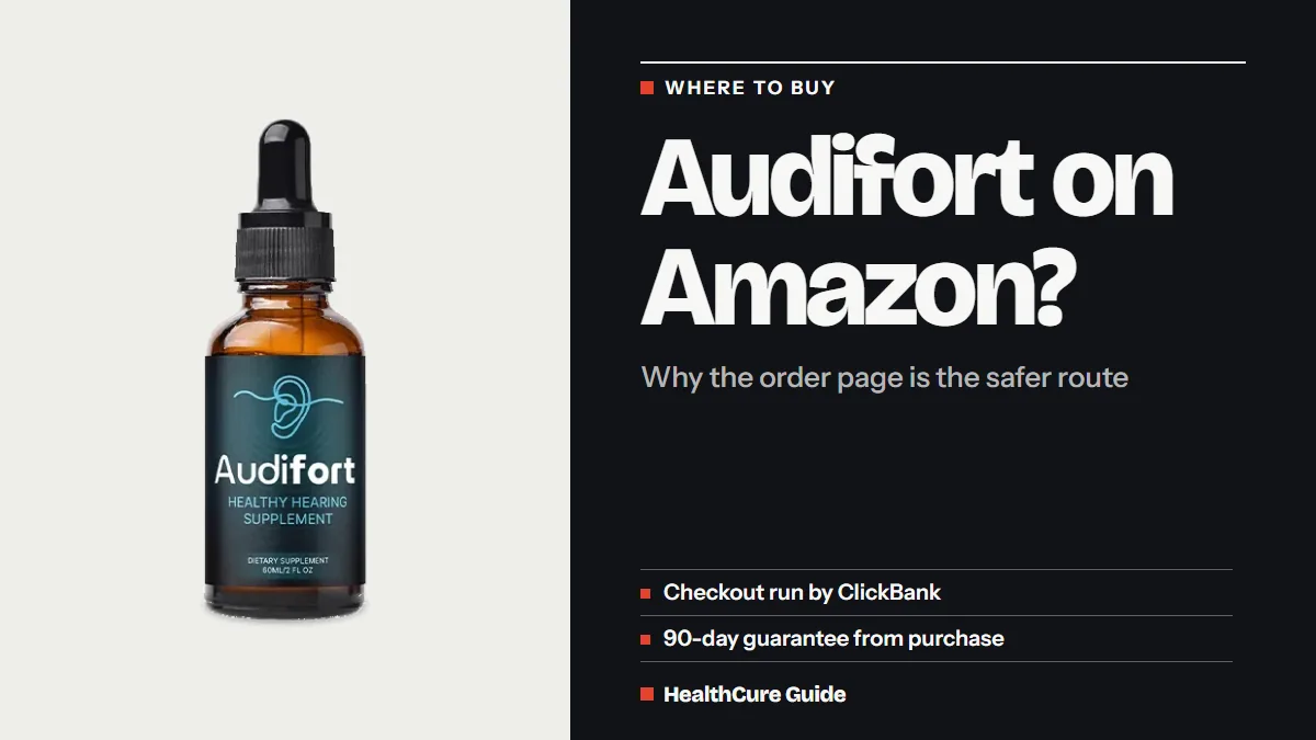 Audifort Amazon question as a headline on charcoal beside a dropper bottle, with notes on checkout and the guarantee