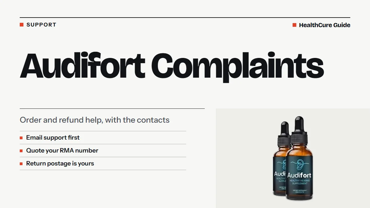 Audifort complaints headline on a light panel with three support steps and a photo of two dropper bottles at the lower right