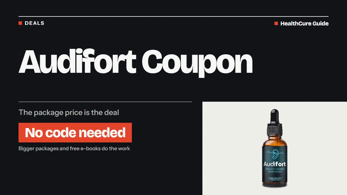 Audifort coupon headline on a dark panel with a coral box reading No code needed and a dropper bottle in the corner