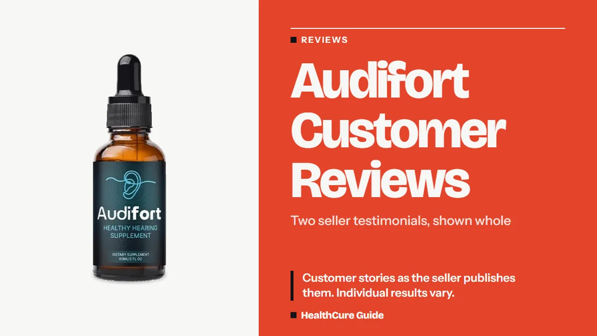 Audifort customer reviews headline beside a dropper bottle, noting that two seller testimonials are shown whole