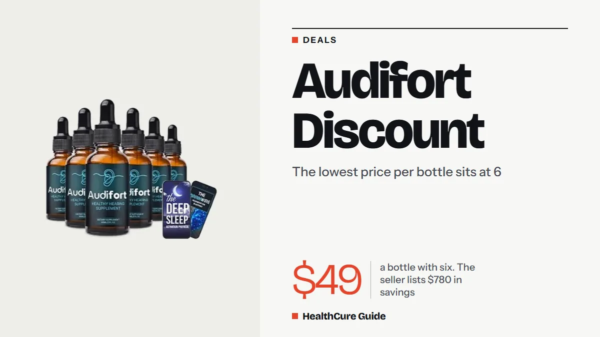 Audifort discount headline beside six dropper bottles with e-book phones, and a $49 a bottle figure beside $780 in savings
