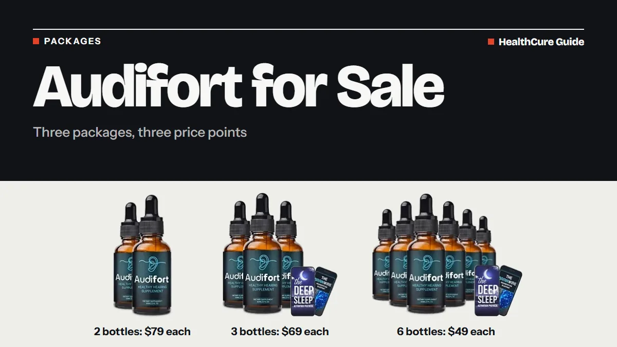 Audifort for sale headline above three package photos: two bottles, three bottles with e-book phones and six with e-books