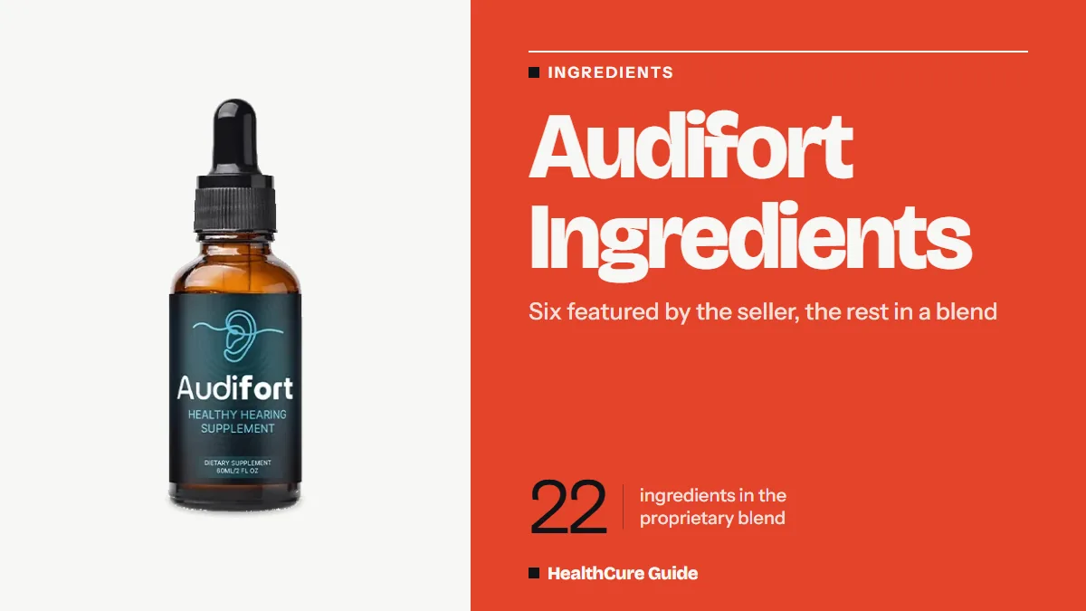 Audifort ingredients headline on a coral panel beside a dropper bottle, with the number 22 for the proprietary blend