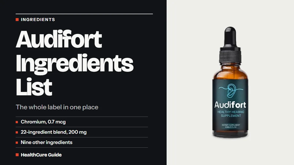 Audifort ingredients list headline on a dark panel with three label lines and a photo of a dropper bottle beside them