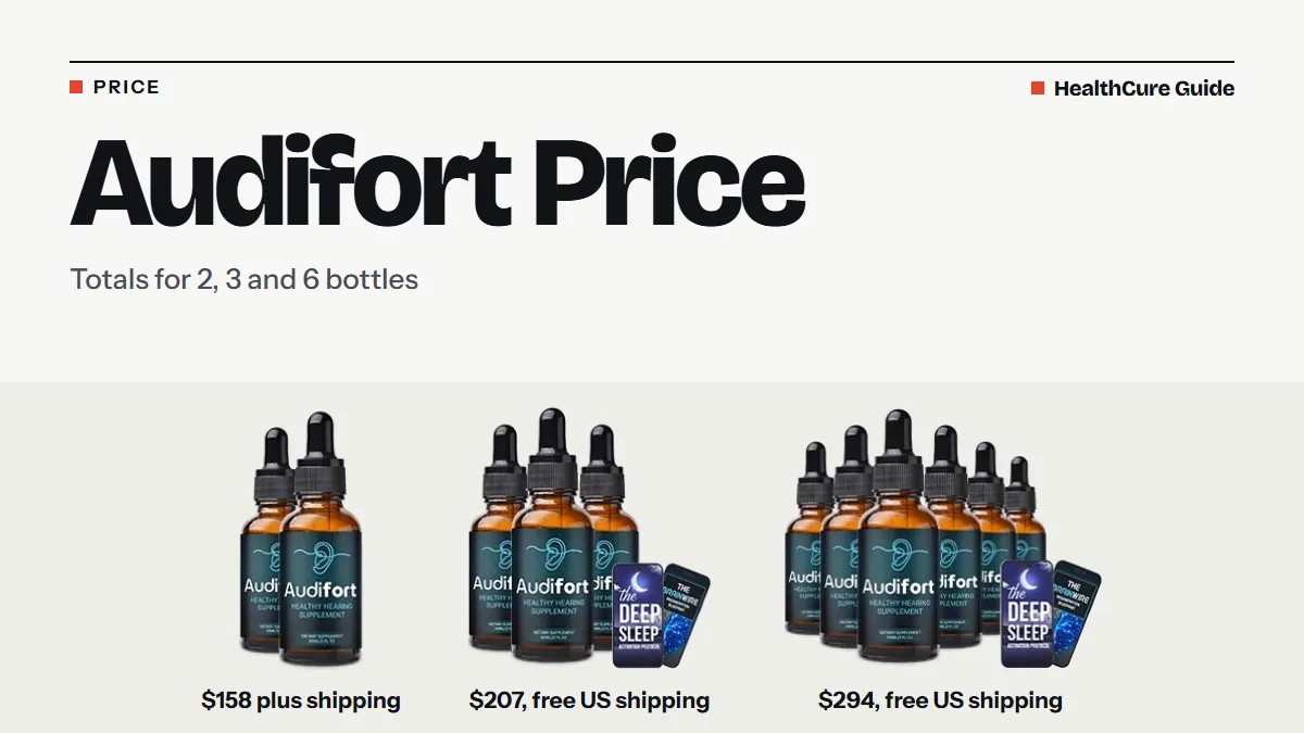 Audifort price headline above three packages: $158 plus shipping, $207 with free US shipping and $294 with free US shipping