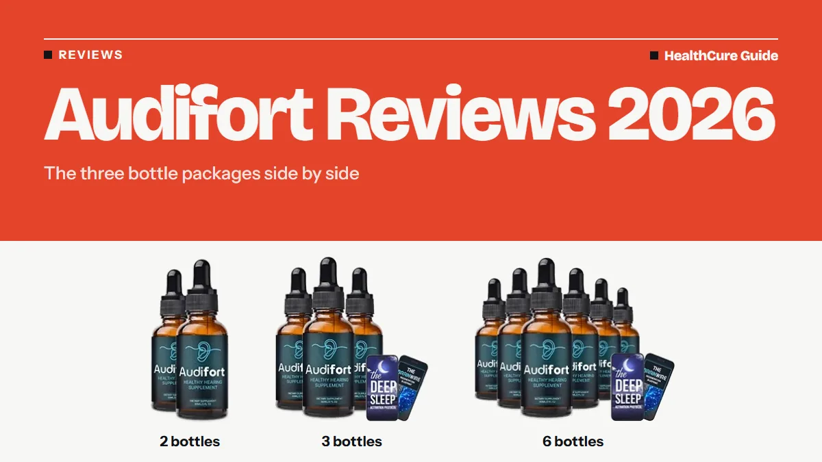 Audifort reviews 2026 headline on a coral band above packages of 2, 3 and 6 dropper bottles with e-book phones