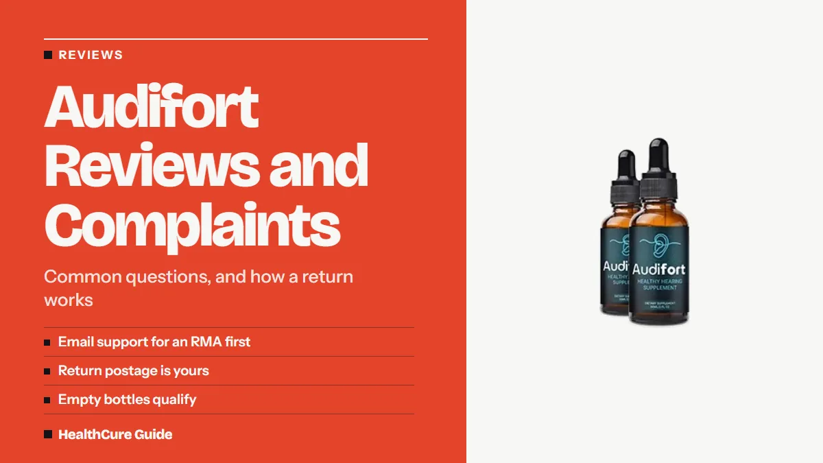 Audifort reviews and complaints headline beside two dropper bottles, with notes on the RMA, return postage and empty bottles