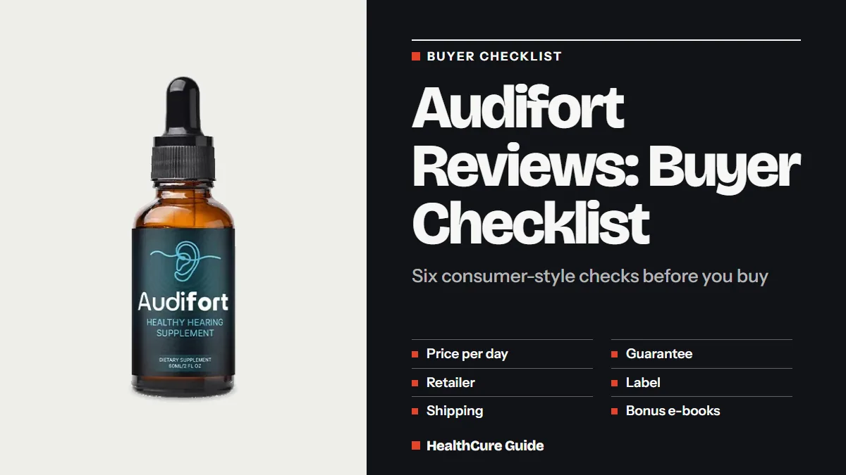 Audifort reviews consumer reports style headline beside a dropper bottle, with six checks from price per day to bonus e-books
