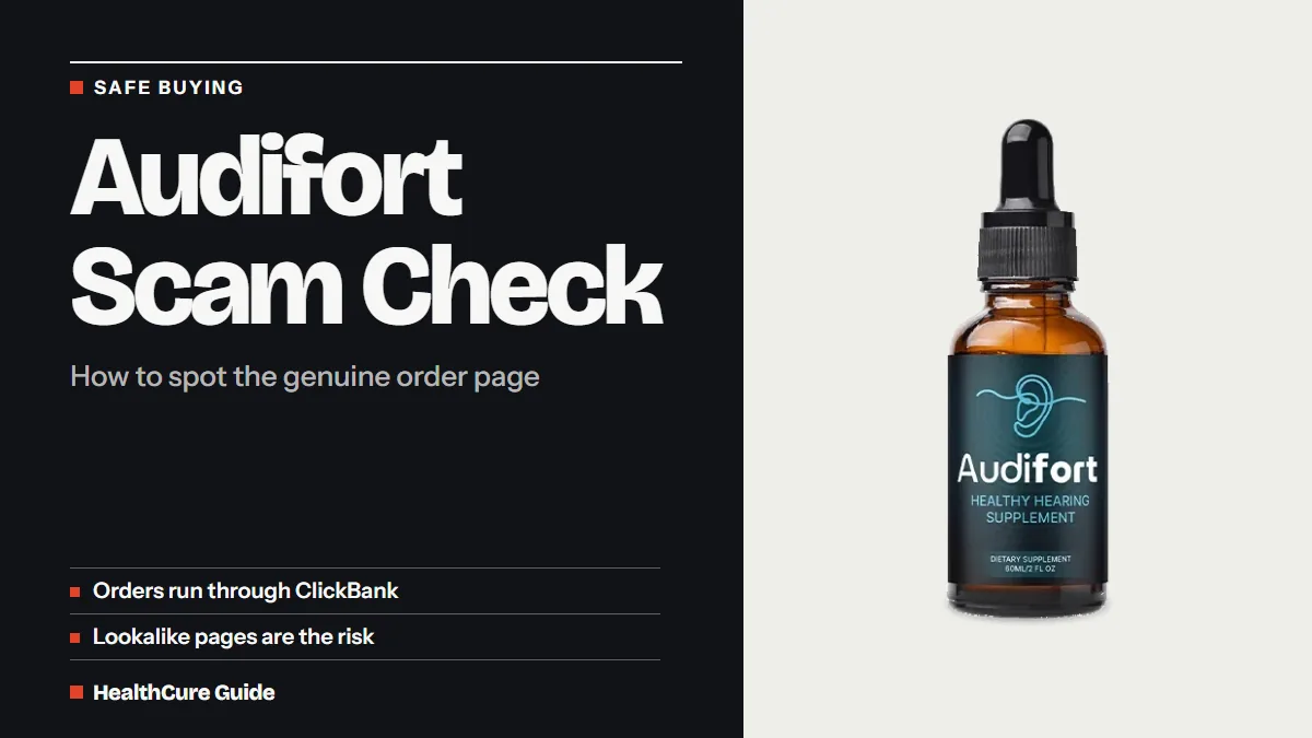 Audifort scam check headline on a charcoal panel beside a dropper bottle, noting ClickBank orders and lookalike pages