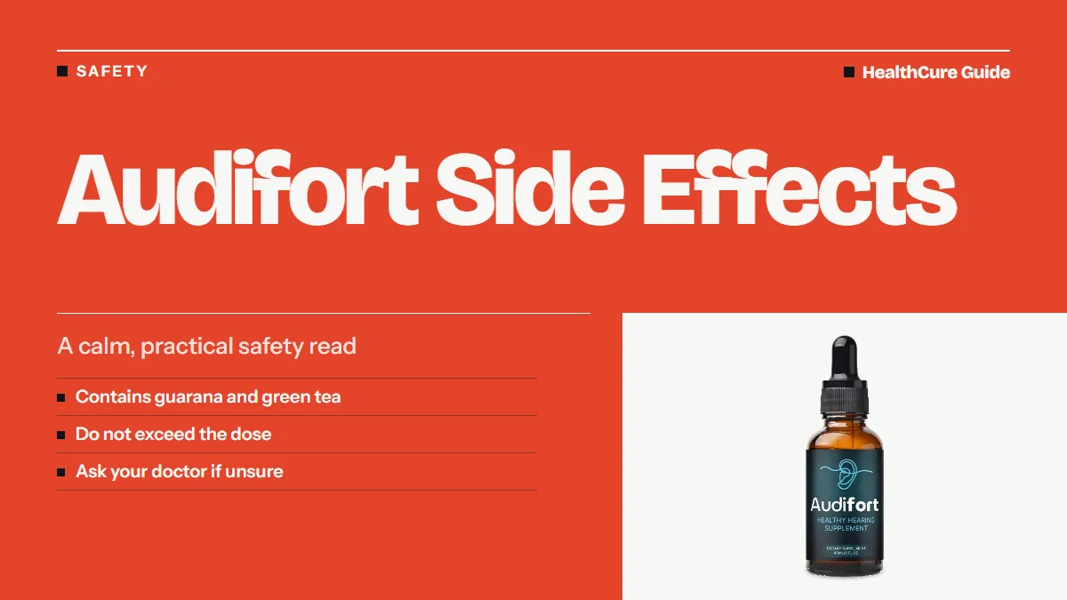 Audifort side effects headline on a coral panel with three safety notes and a photo of a dropper bottle at lower right