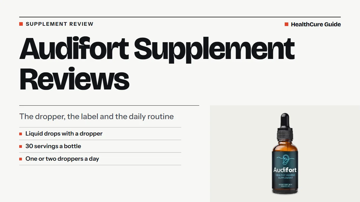 Audifort supplement reviews headline beside a dropper bottle, with notes on liquid drops, 30 servings and daily use