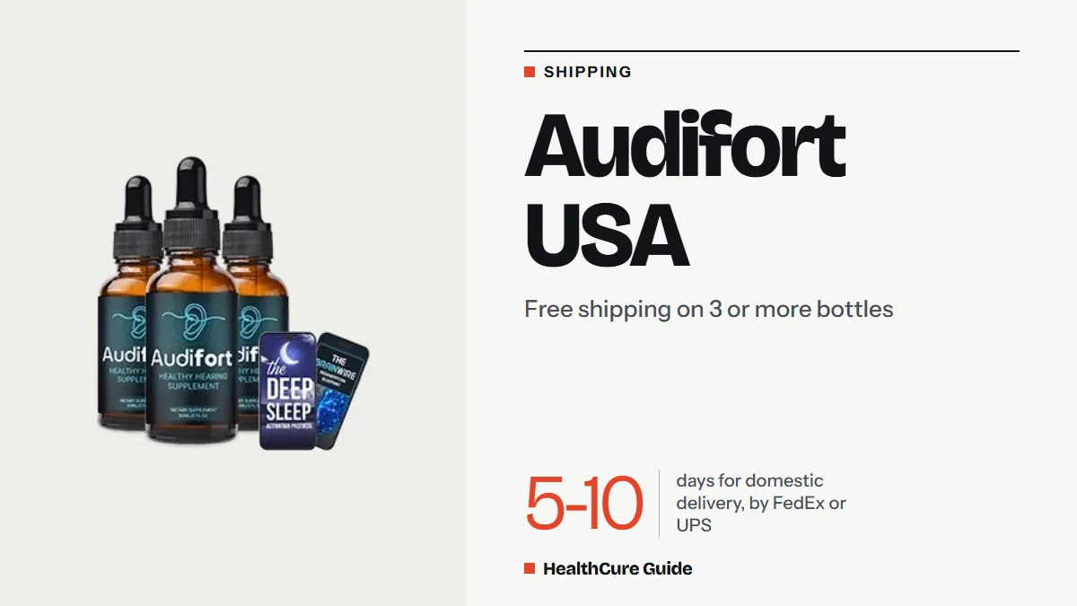 Audifort USA shipping image with three dropper bottles and two e-book covers, free shipping on three or more bottles