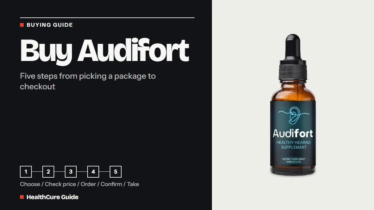 Buy Audifort headline on charcoal beside a dropper bottle and five numbered steps: choose, check price, order, confirm, take