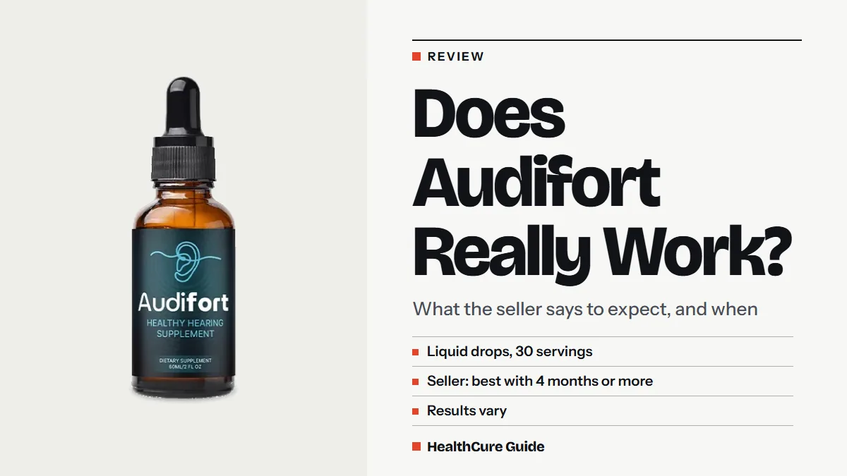 Does Audifort really work headline beside a dropper bottle, with notes: liquid drops, 30 servings, best with 4 months or more