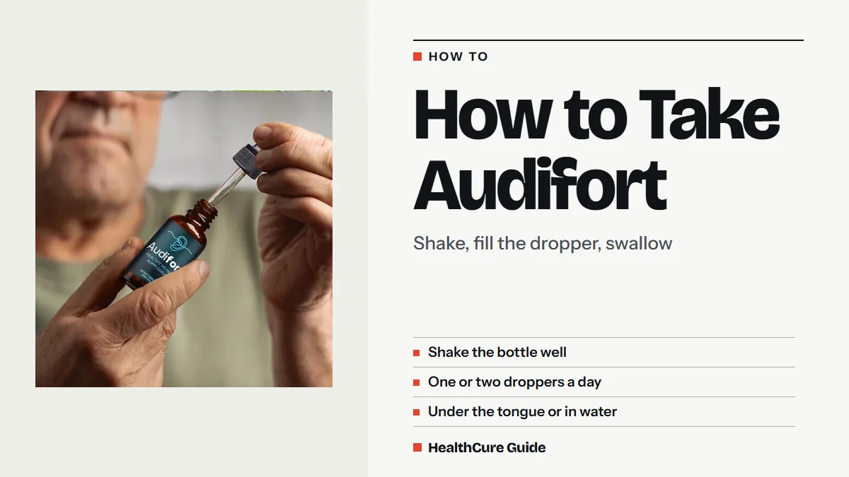 How to take Audifort headline beside a photo of a person filling a dropper from the bottle, with three short usage notes