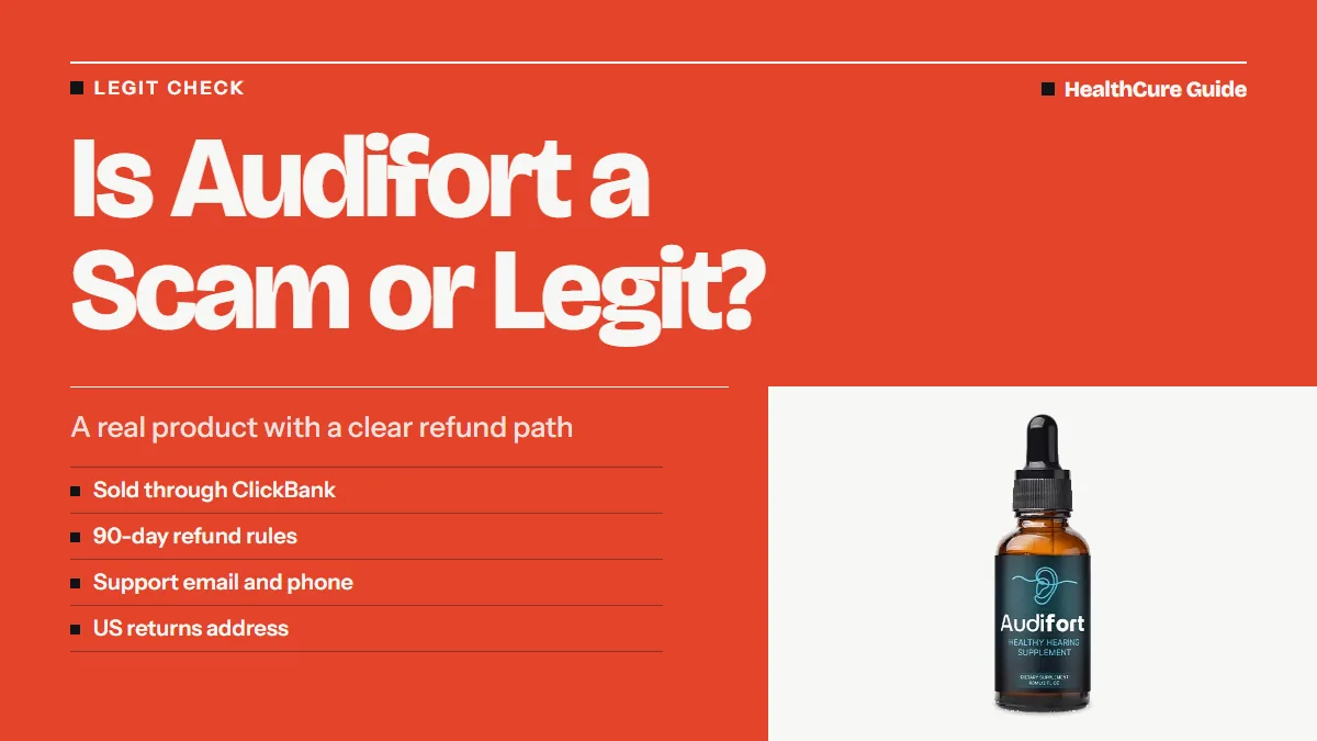 Is Audifort a scam or legit headline on coral, a dropper bottle and four checks: ClickBank, refund rules, support, address
