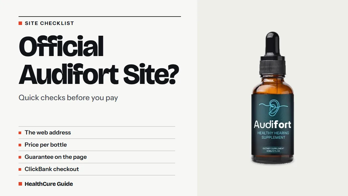 Official Audifort site checklist headline on a light panel with four checks and a photo of a dropper bottle on the right