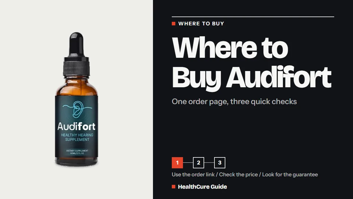 Where to buy Audifort headline on charcoal beside a dropper bottle, with three checks: order link, price and guarantee