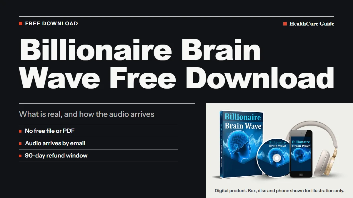 Billionaire Brain Wave free download cover noting no free file or PDF and email delivery, beside the seller's mockup