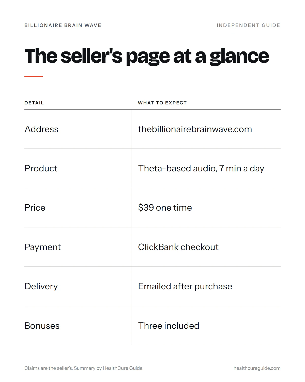 billionaire brain wave official website infographic: the seller's page at a glance, with address, price, delivery and refund window