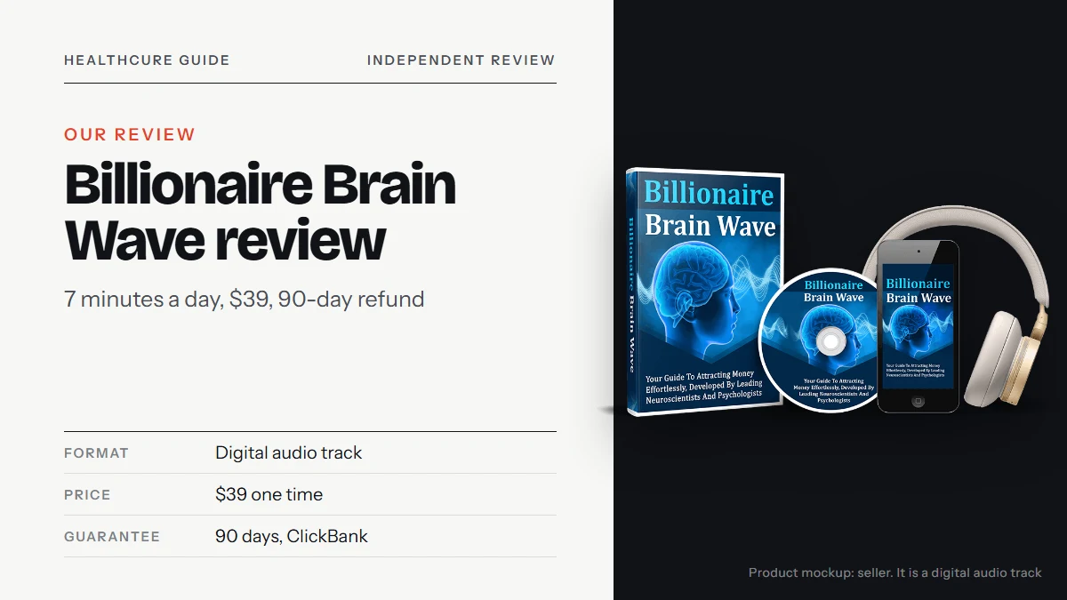 billionaire brain wave review cover with the seller's product mockup: a box, a disc and a phone (digital audio)