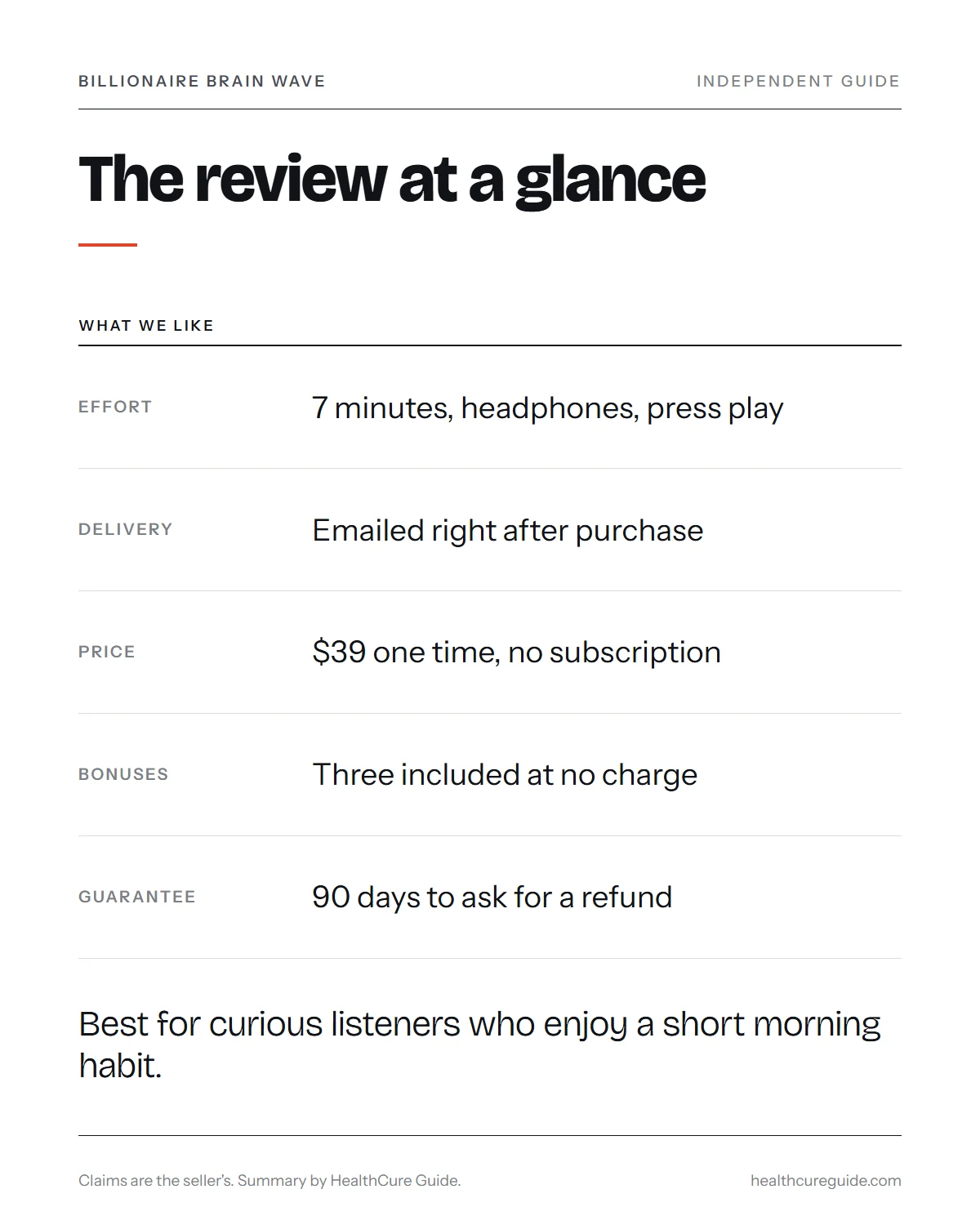 billionaire brain wave review infographic: strengths, what is included for $39 and the 90-day guarantee at a glance