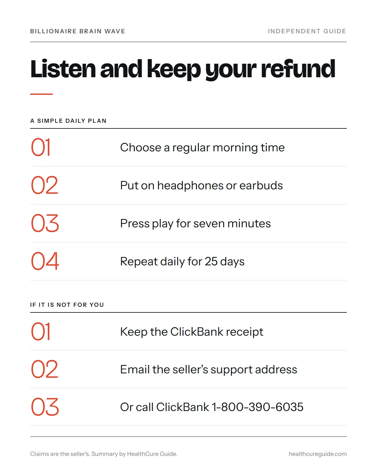 billionaire brain wave review infographic: a five-step daily listening plan and the three refund steps