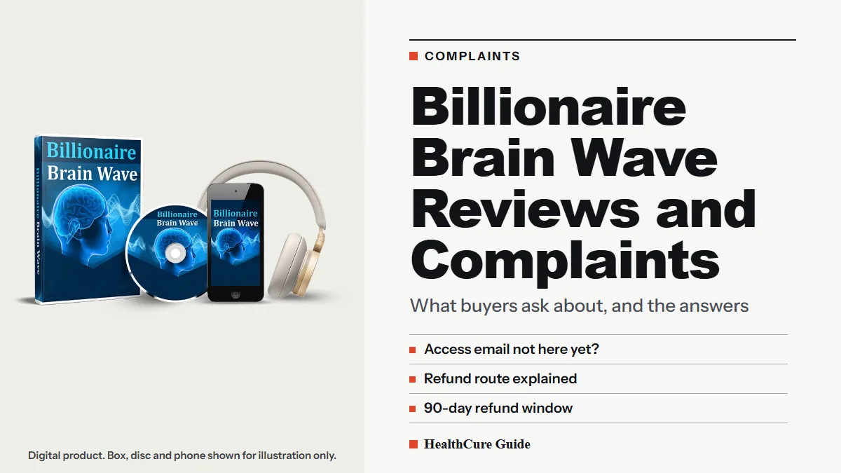 Billionaire Brain Wave reviews complaints cover listing the access email, refund route and 90-day window beside the mockup