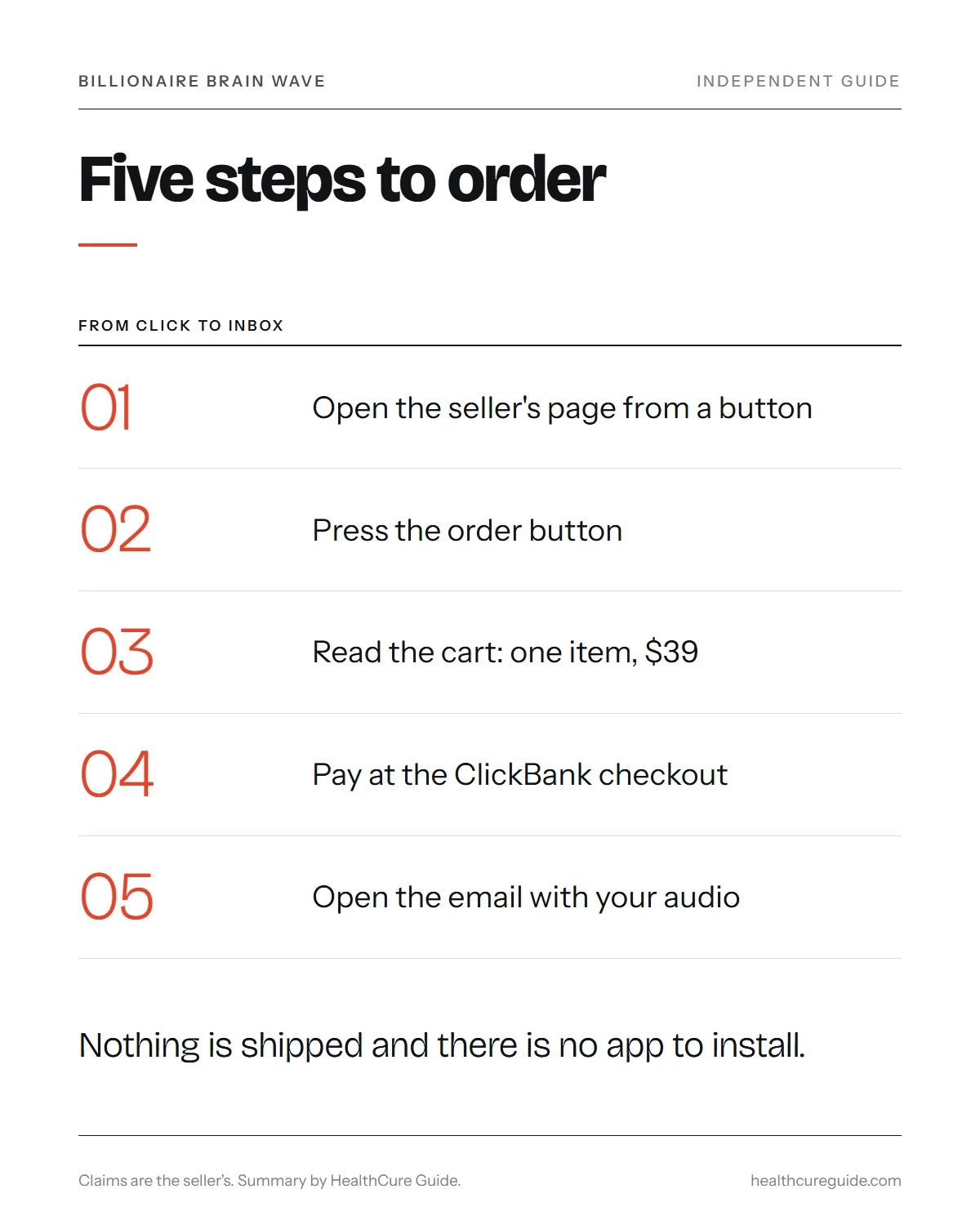 buy billionaire brain wave infographic: the five order steps from the seller's page to the email