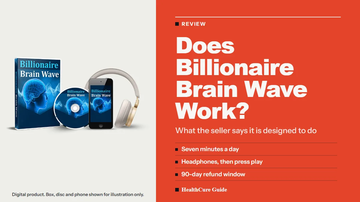 Does Billionaire Brain Wave work cover listing seven minutes a day and a 90-day refund window beside the seller's mockup