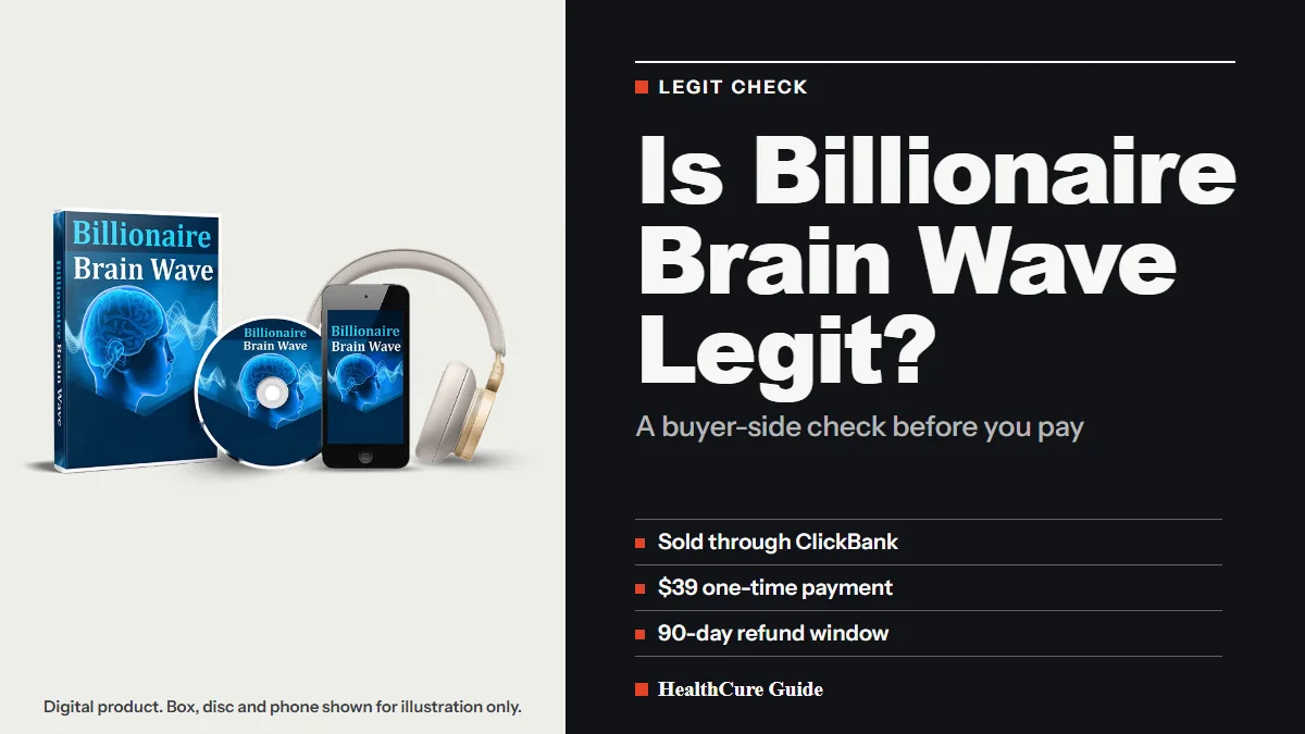 Is Billionaire Brain Wave legit cover listing ClickBank, $39 one time and a 90-day refund beside the seller's mockup