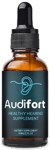 Audifort dropper bottle in amber glass with a dark teal label showing an ear outline and the Audifort name