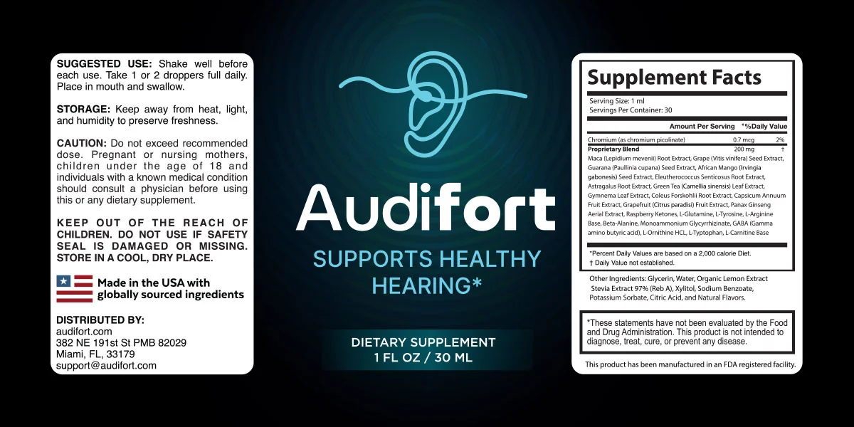 Audifort label: directions on the left, Audifort name in the middle, Supplement Facts panel on the right