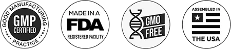 Four seller badges: GMP certified, made in an FDA registered facility, GMO free and assembled in the USA