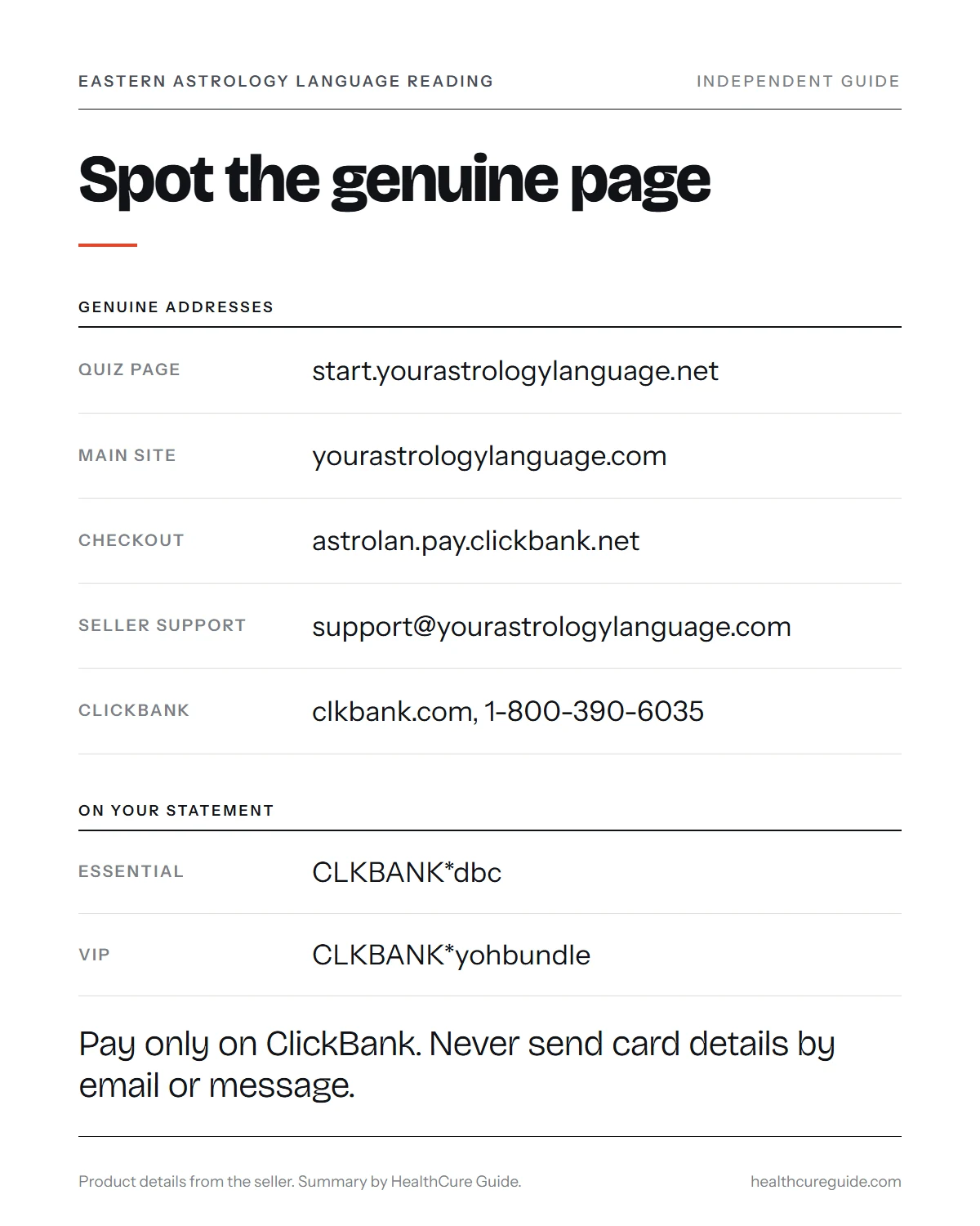 Eastern Astrology Language Reading infographic: the genuine quiz page, ClickBank checkout, support and a copycat checklist