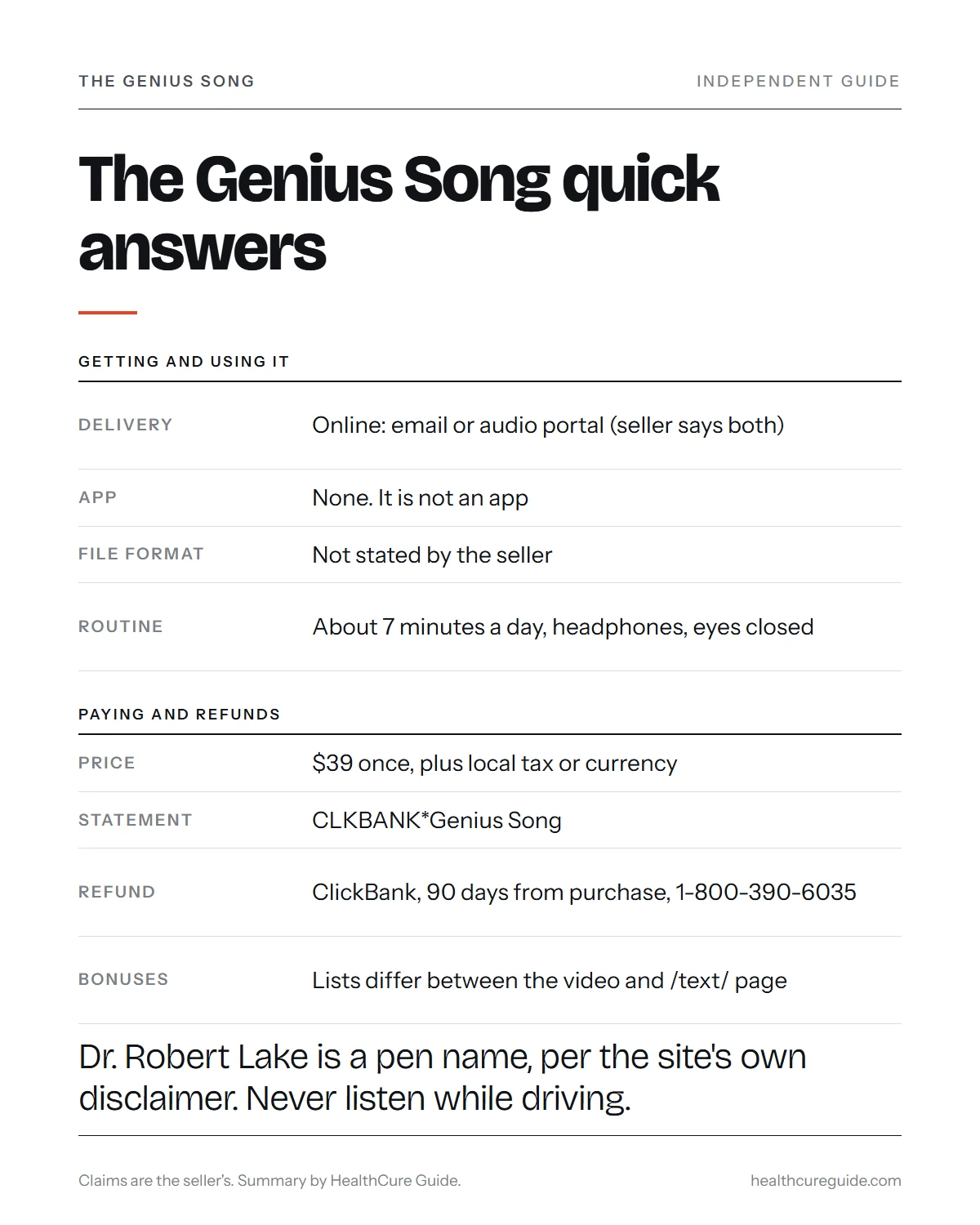 The Genius Song infographic: quick answers on delivery, format, daily routine, bonuses, card statement and the ClickBank refund route
