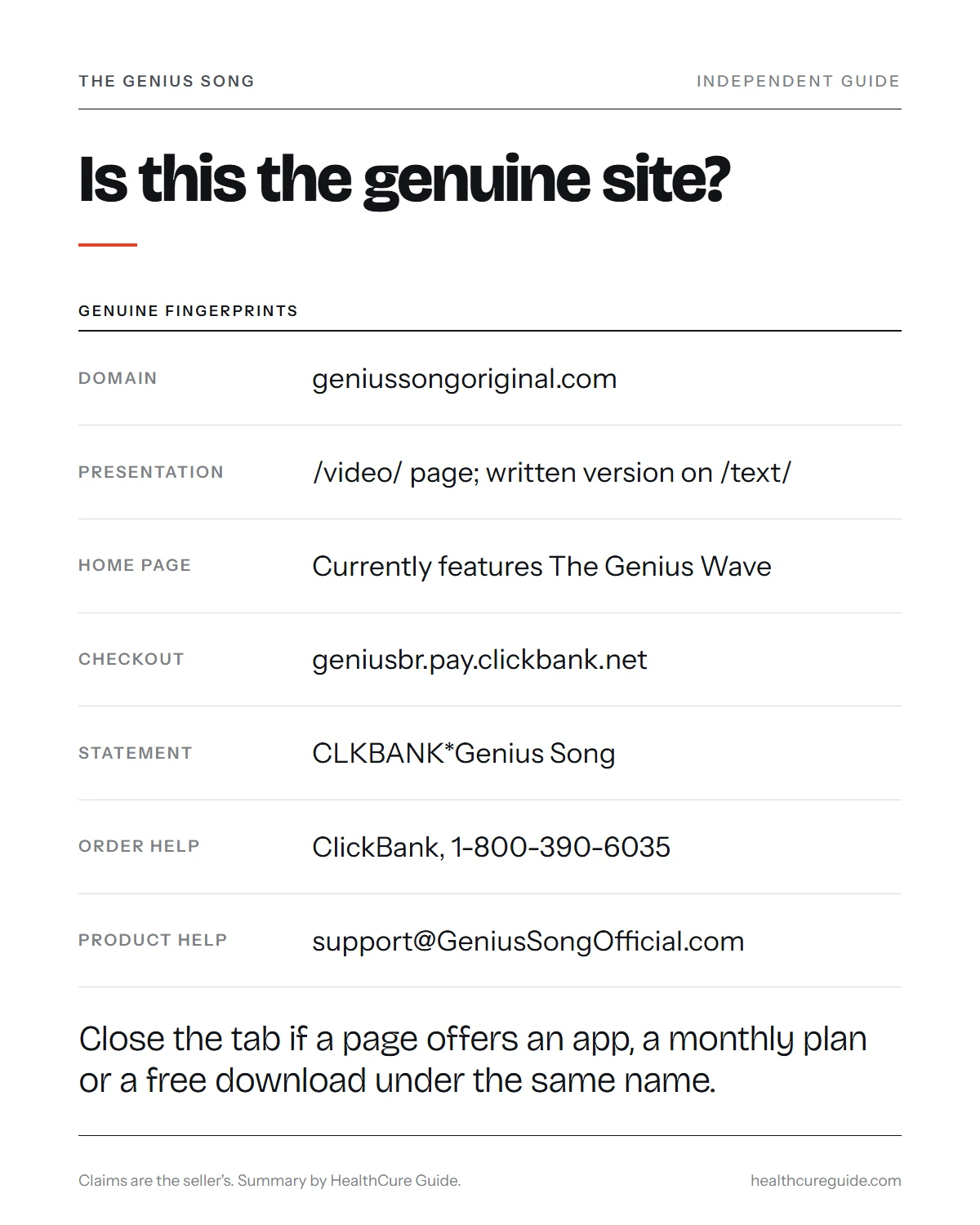 The Genius Song infographic: the seller's domain and pages, the ClickBank checkout, statement line and support contacts, and signs of a copy