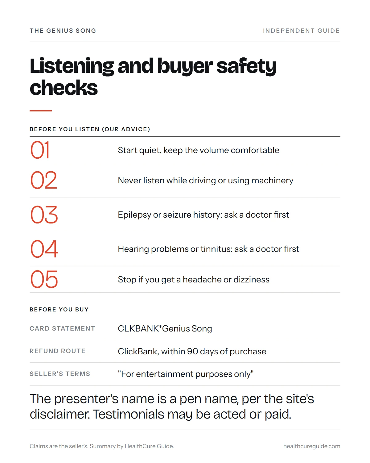The Genius Song infographic: listening rules for volume, driving, epilepsy and hearing, plus the buyer checks for a safe ClickBank order