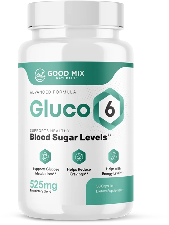 Gluco6 capsule bottle with a white cap and a white and teal label showing the Gluco6 name with a hexagon numeral 6