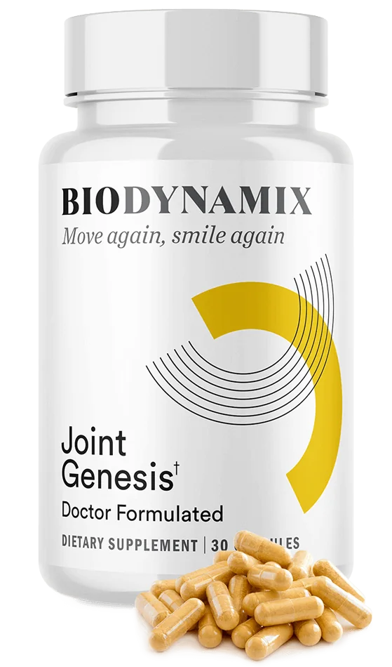 Joint Genesis capsule bottle in white with the BioDynamix name, a yellow arc and golden capsules at its base