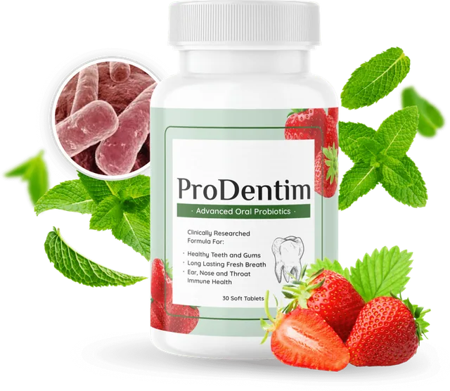 ProDentim Advanced Oral Probiotics bottle with strawberries and mint, product photo from the seller