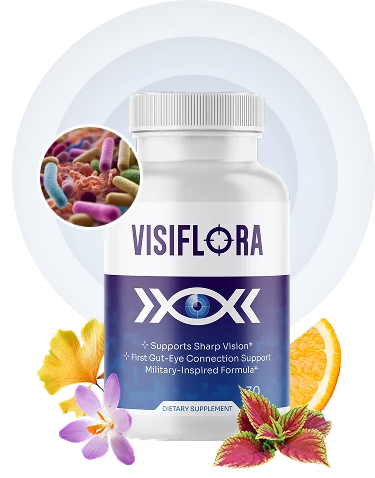 VisiFlora bottle with a white cap and a blue label, shown with flower petals and an orange slice, photo from the seller