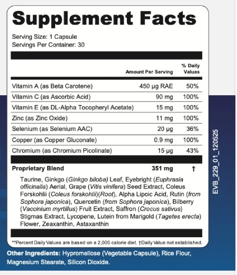 VisiFlora supplement-facts panel listing serving size, vitamins and minerals, the 351 mg blend and the other ingredients