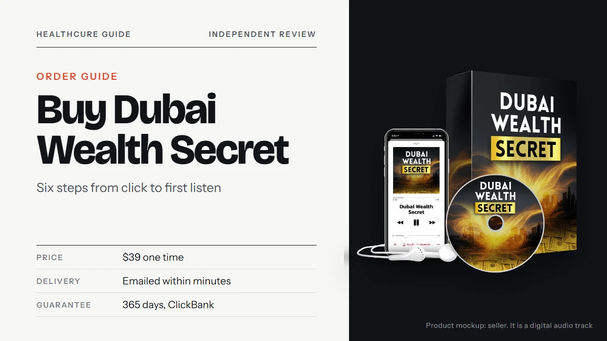 Buy Dubai Wealth Secret: the seller's product mockup with a black box, a disc, a phone playing the track