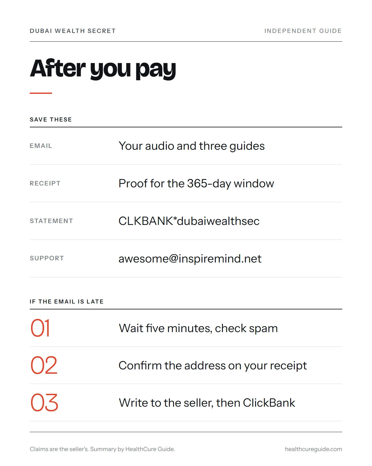 Buy Dubai Wealth Secret infographic: what to save after paying and the five-step fix for a late delivery email