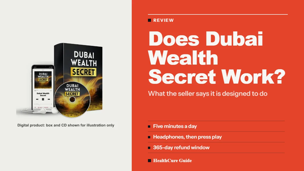 Does Dubai Wealth Secret work cover listing five minutes a day and a 365-day refund window beside the seller's box and CD