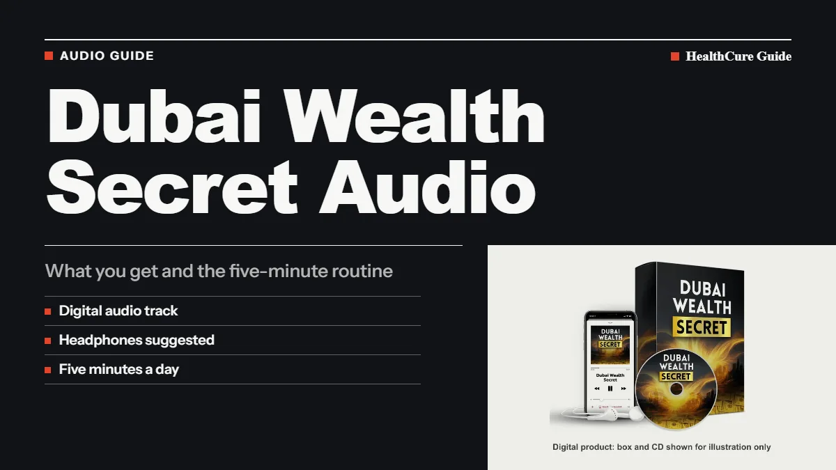Dubai Wealth Secret audio cover listing a digital track, headphones and five minutes a day beside the seller's box