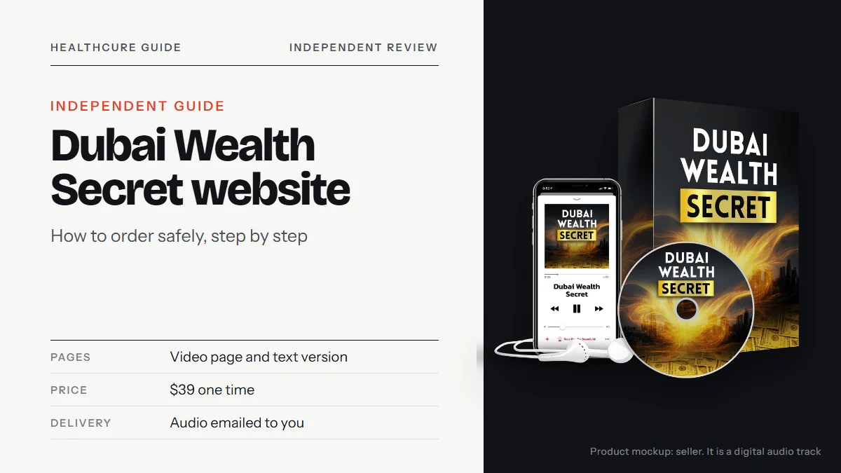 Dubai Wealth Secret official website: the seller's product mockup with a black box, a disc