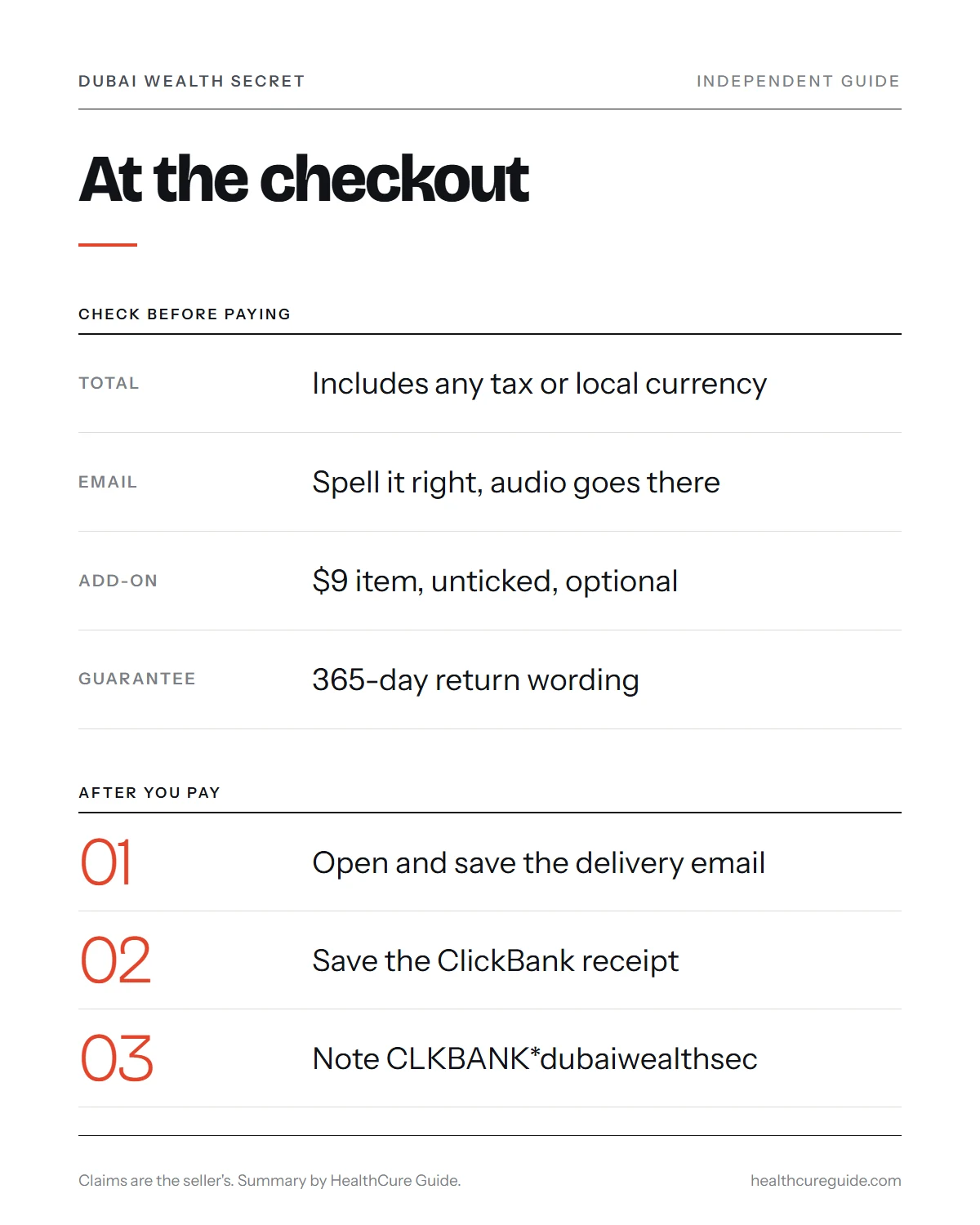 Dubai Wealth Secret official website infographic: what to check on the checkout page and what to do after paying