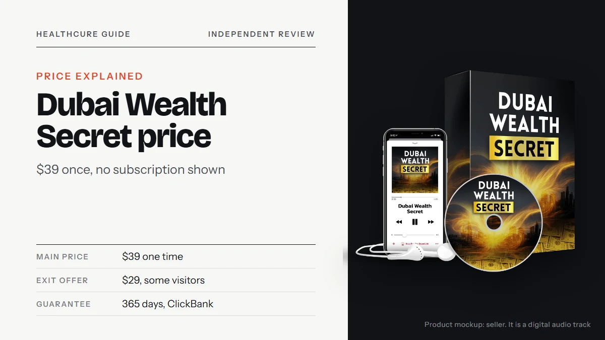 Dubai Wealth Secret price: the seller's product mockup with a black box, a disc, a phone playing the track